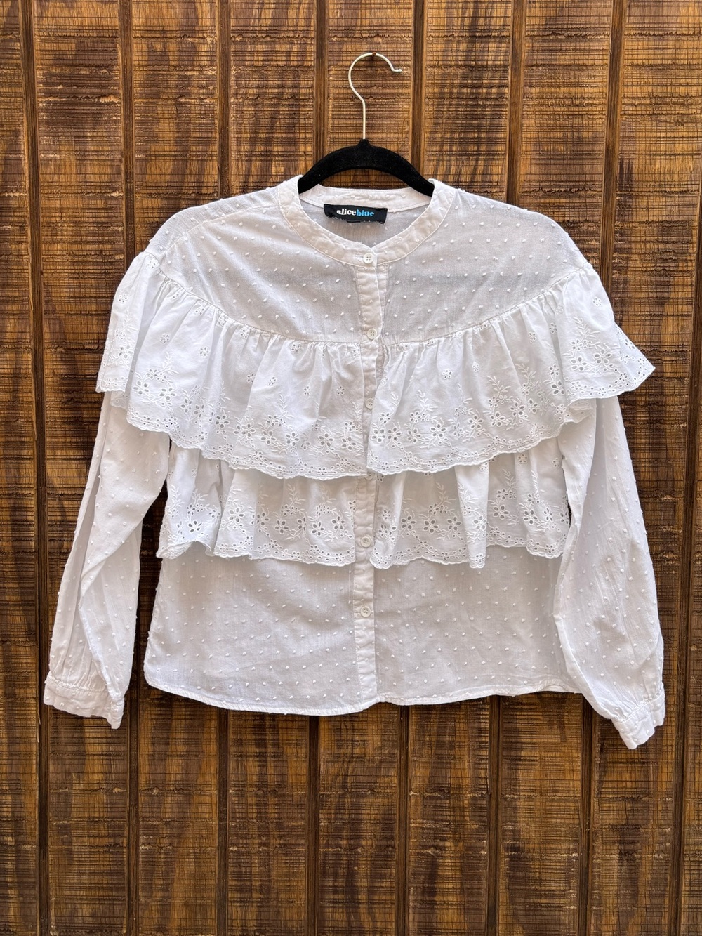 Alice Blue White Ruffle Swiss Dot Long Sleeve Blouse
